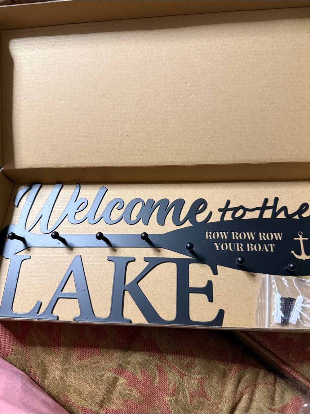 NWT Welcome to the Lake Black Metal Wall Hook Rack 14” x 6.5”